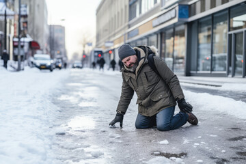 A Man Fell On The Ice. City The Hazard Of Slipping On An Icy Sidewalk - obrazy, fototapety, plakaty