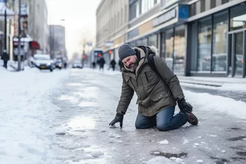Fotobehang A Man Fell On The Ice. City The Hazard Of Slipping On An Icy Sidewalk © Anastasiia