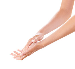 Skincare, soap and washing hands closeup for health in studio isolated on a white background mockup space. Fingers, nails and woman cleaning with foam, wellness and bacteria prevention for hygiene