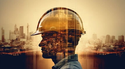 
Double exposure image of engineer safety helmet with city or construction site background on his head. Modern abstract art design civil engineering concept.