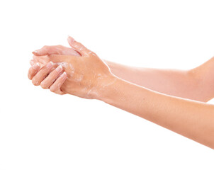 Health, soap and closeup of washing hands in studio for hygiene, wellness or self care. Hygiene,...