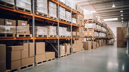 Logistics, Distribution Facilities for Product Delivery. Warehouse full of Goods in Cardboard on shelves.