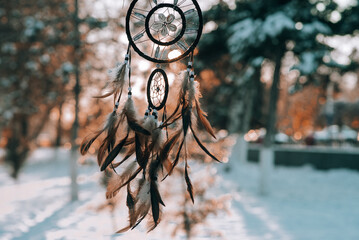 Dream catcher, dreamcatcher indian folk etnic amulet, shaman on winter background. Boho style,...