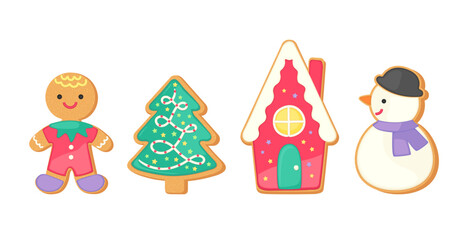 Cute gingerbread cookies set Christmas vector graphics collection. Holiday sugar cookie isolated on white background. Cartoon vector illustration. Gingerbread man, house, snowman, Christmas tree.