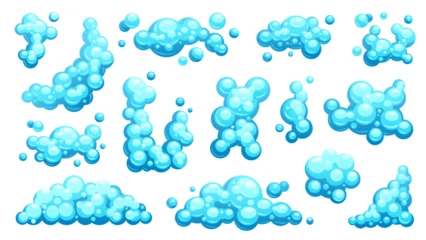Gardinen Cartoon soap foam. Soapy bubbles, wet lather and shampoo ball, shower steam effect. Bubbles and foam. Vector isolated set © Tartila
