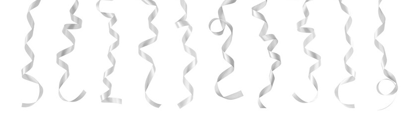 Silver ribbon satin bow scroll set isolated on white background with clipping path for Christmas...