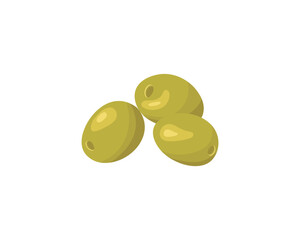 Green pitted olives in cartoon style. Vector illustration of green olives branch isolated on white background.Flat simple design element for packaging, and olive products.