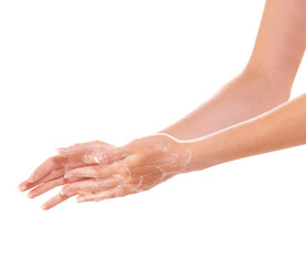 Skincare, soap and washing hands closeup in studio isolated on a white background mockup space. Fingers, nails and woman cleaning with foam, dermatology and bacteria prevention, hygiene or health