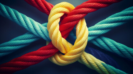 colorful knot on rope on blue background. top view