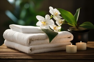 Fototapeta na wymiar Towels with herbal bags in spa center. Generative AI