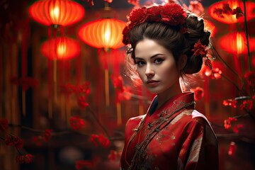 Piękna dziewczyna w tradycyjnym japońskim ubraniu na czerwonym tle.  - obrazy, fototapety, plakaty