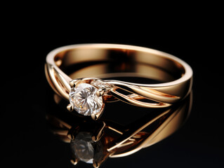 A golden ring with a shiny diamond on a dark reflective surface.