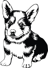 Cartoon Black and White Isolated Illustration Vector Of A Corgi Puppy Dog Sitting