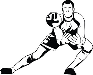 Cartoon Black and White Isolated Illustration Vector Of A Soccer Goalkeeper Diving To Catch the Ball