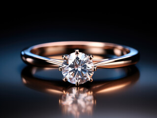 A golden ring with a shiny diamond on a dark reflective surface.
