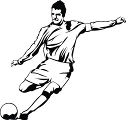 Cartoon Black and White Isolated Illustration Vector Of A Football Soccer Playing Kicking the Ball