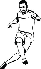 Fototapeta premium Cartoon Black and White Isolated Illustration Vector Of A Football Soccer Playing Kicking the Ball