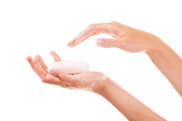Self care, soap and closeup of washing hands in studio for grooming, wellness or health. Hygiene,...