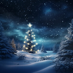 Awesome winter landscape with christmas tree and, new year christmas celebration night vibes. AI  Generated