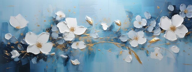 Obraz olejny przedstawiający gałąź z pięknymi białymi kwiatami na niebieskim tle.  - obrazy, fototapety, plakaty