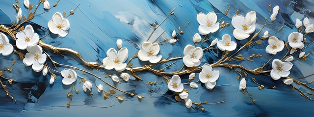 Obraz olejny przedstawiający gałąź z pięknymi białymi kwiatami na niebieskim tle. 