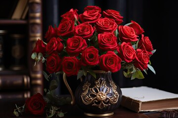 Classic red rose bouquet in a vintage vase, an iconic and timeless symbol of love and passion