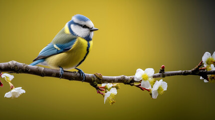 blue tit sitting on a branch with fresh flowers in spring  - obrazy, fototapety, plakaty
