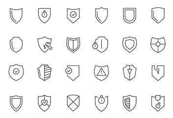 Shield line icons. Medieval heraldic insignia, empty security protection blank icons, privacy guarantee blank badges. Vector isolated collection - obrazy, fototapety, plakaty
