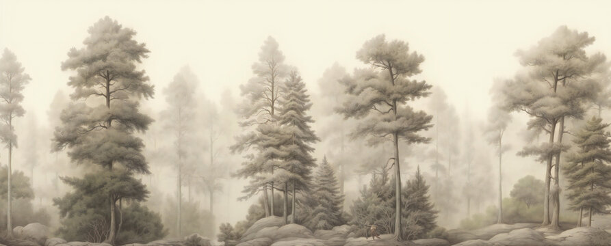 vintage drawing snow landscape. painted snowy forest.