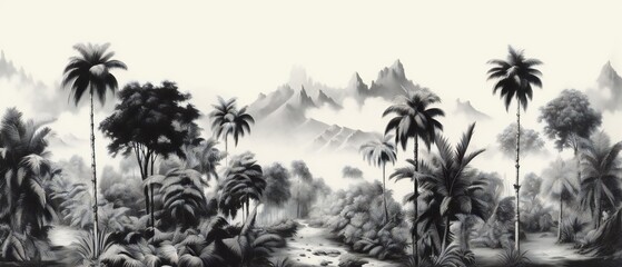 trees on the beach. Sketch landscape with palm tree. Vacation on tropical beach. black and white - obrazy, fototapety, plakaty