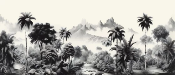 Foto op Canvas trees on the beach. Sketch landscape with palm tree. Vacation on tropical beach. black and white © kilimanjaro 