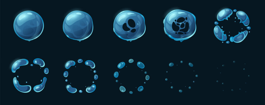 Soap bubble animation. Cartoon bubble blowing and popping, foam and water sphere effect, 2D game sprite asset. Vector water bubble sequence