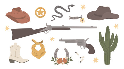 Objects from the Wild West. Cowboy aesthetic. Set of vector elements with gun, cowboy hat, cowboy boots, cactus, sheriff's star, lucky horseshoe, snake - obrazy, fototapety, plakaty