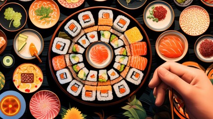 illustration of hands carefully arranging a colorful plate of sushi generative ai