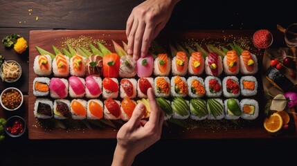illustration of hands carefully arranging a colorful plate of sushi generative ai