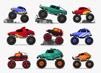 Cartoon monster truck. Diesel 4WD offroad vehicle with turbo engine and mud bogging tires, muscle car with flat tires and suspension. Vector isolated set - obrazy, fototapety, plakaty