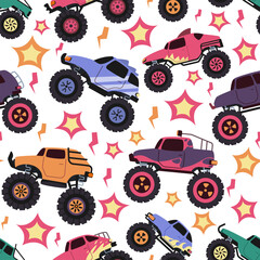 Monster truck pattern. Seamless print of vehicle with monster truck tires and engine, cartoon road vehicle texture for wrapping paper printing