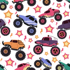 Fototapete Autorennen Monster truck pattern. Seamless print of vehicle with monster truck tires and engine, cartoon road vehicle texture for wrapping paper printing