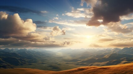 A blazing afternoon sun shining through scattered cumulus clouds, casting dynamic shadows over a wide valley.