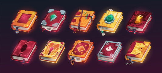 Magic spell books. Witchcraft spell book icons with alchemy symbols, old mystic sourcer diary for game GUI menu items design. Vector set