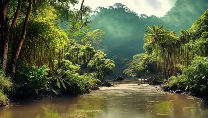 Fotobehang tropical jungle with river and mountains suitable as background or banner © Frantisek