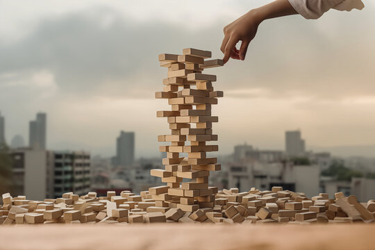 Jenga game, close-up of hands and a tower of wooden blocks collapsing.