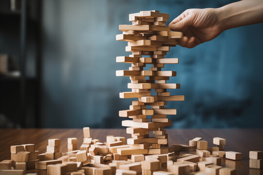Jenga game, close-up of hands and a tower of wooden blocks collapsing.