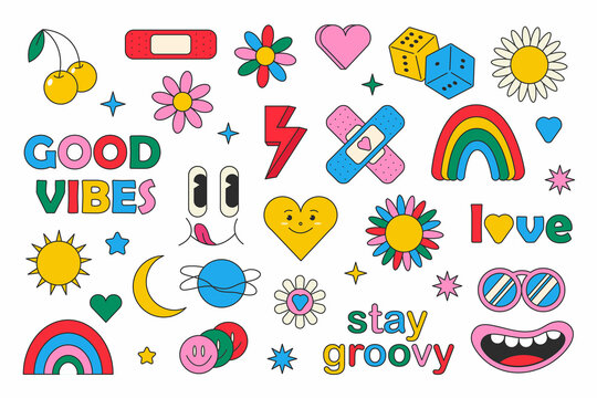 Retro 70s hippie stickers, groovy elements. Cartoon funky flowers, rainbow, vintage hippy style element set. Stock graphics. flowers, rainbow, heart, emotions