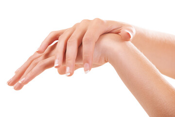 Skincare touch, manicure and hands closeup in studio isolated on a white background mockup space....