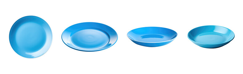 Plate set - blue plate collection - empty clean plate - various perspectives and angles - isolated...
