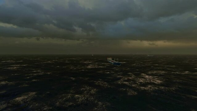 Sailing ships in a storm sea in the background stormy weather. 3D animation. Aerial view of vessels in open ocean. Dramatic cloudscape, cyclone, stormy weather. Global communications freight transport