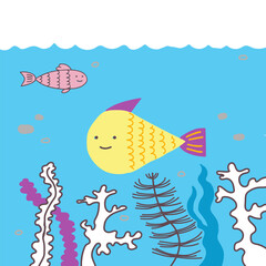Hand drawn illustration of underwater world with sea animals