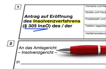 Antragsformular auf eröffnung des Insolvenzverfahrens (§ 305 InsO) mit Kuli