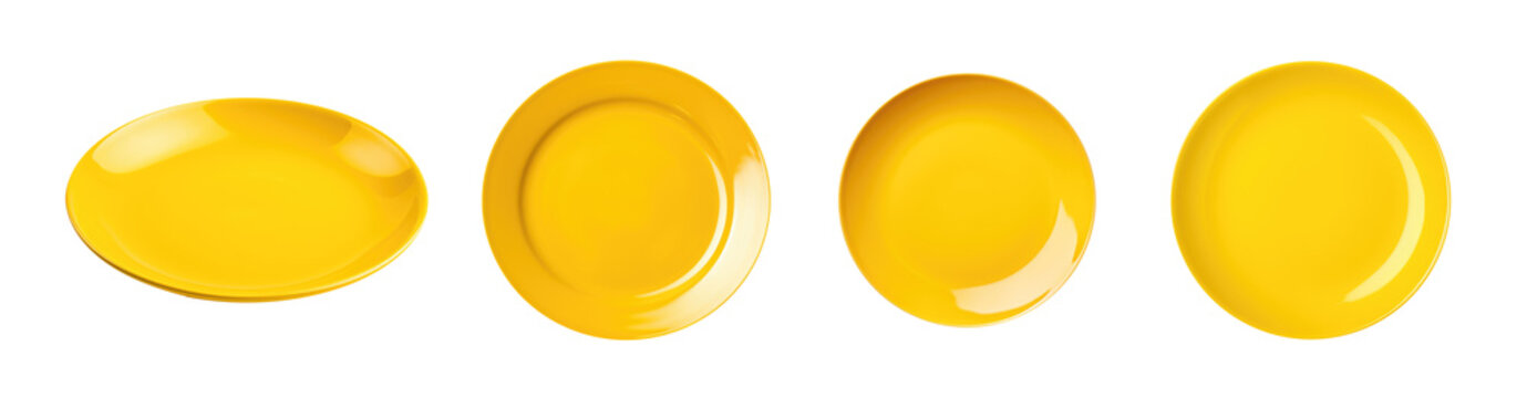 Plate set - yellow plate collection - empty clean plate - various perspectives and angles - isolated transparent PNG background - yellow dish